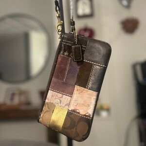 Coach Patchwork Wristlet in Brown and Gold